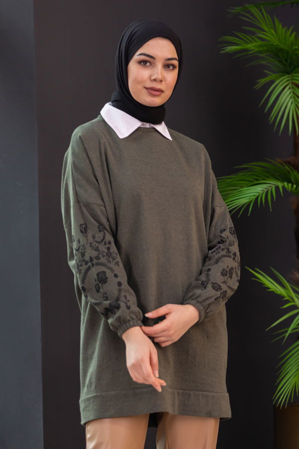 Düz Bisiklet Yaka Kadın Haki TUNIK - 3357 HAKİ