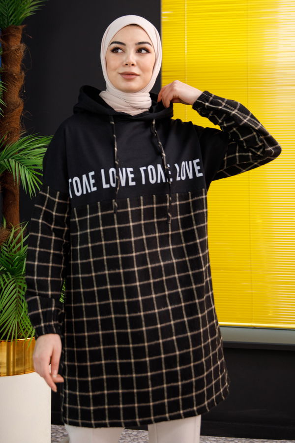 Düz Kapsonlu Yaka Kadın Bej Love Baskılı Tunık - 3843