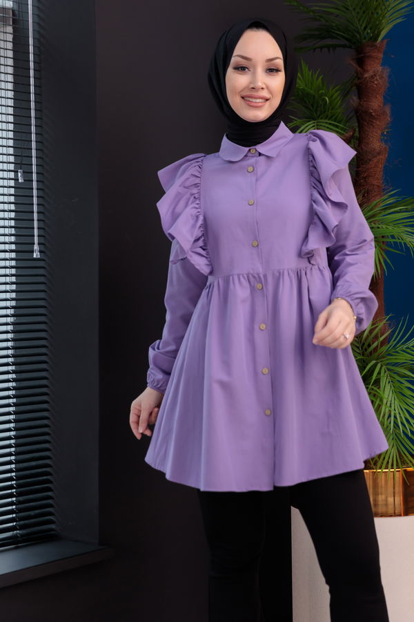 Düz Gömlek Yaka Kadın Lila FIRFIRLI TUNIK - 3126
