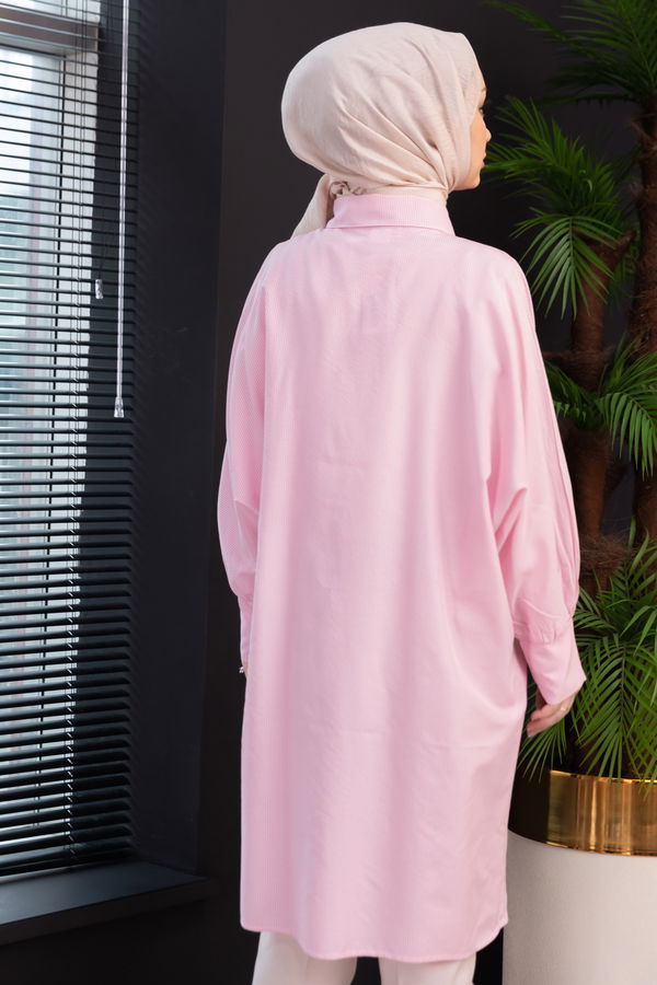 Düz Gömlek Yaka Kadın Pembe TUNIK - 3231 PEMBE