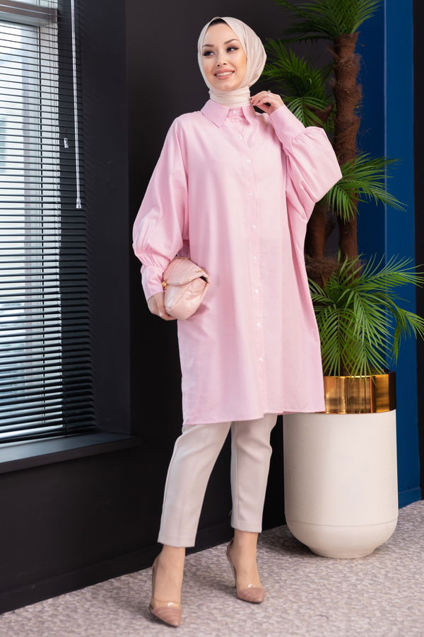 Düz Gömlek Yaka Kadın Pembe TUNIK - 3231 PEMBE
