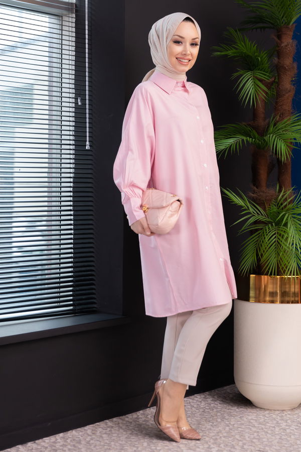 Düz Gömlek Yaka Kadın Pembe TUNIK - 3231 PEMBE