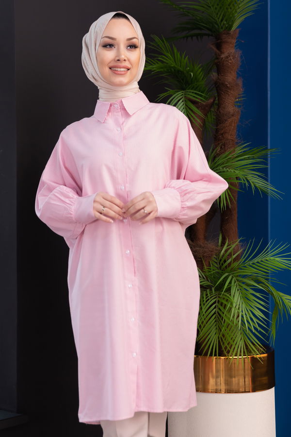 Düz Gömlek Yaka Kadın Pembe TUNIK - 3231 PEMBE