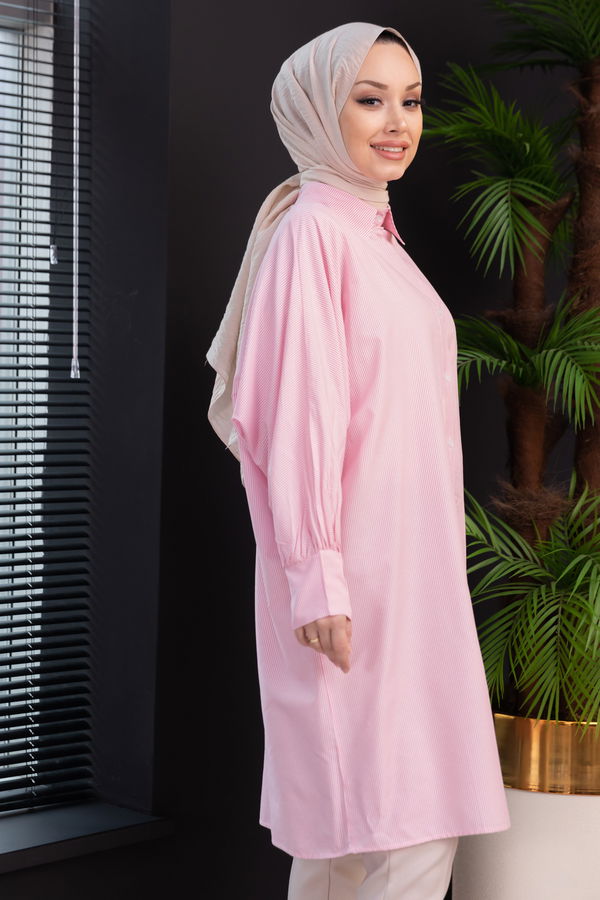 Düz Gömlek Yaka Kadın Pembe TUNIK - 3231 PEMBE