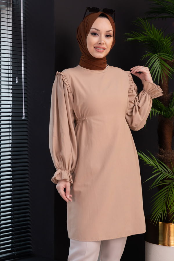 Düz Gömlek Yaka Kadın Bej TUNIK - 3512 BEJ