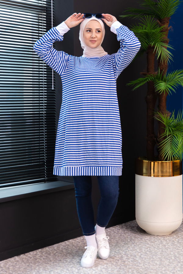 Düz Bisiklet Yaka Kadın Mavi TUNIK - 3587 MAVİ