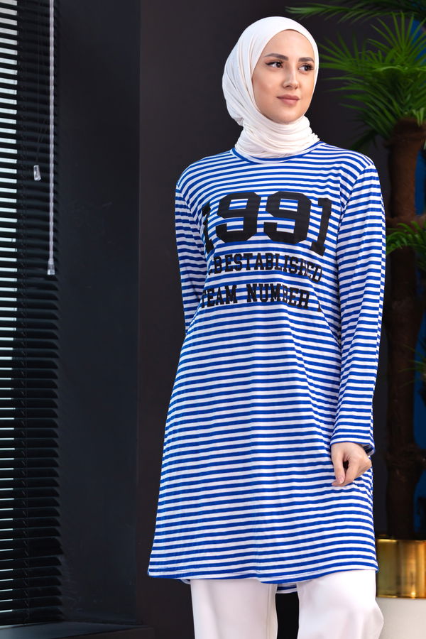 Düz Bisiklet Yaka Kadın Mavi TUNIK - 3665 MAVİ