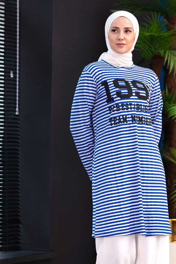 Düz Bisiklet Yaka Kadın Mavi TUNIK - 3665 MAVİ