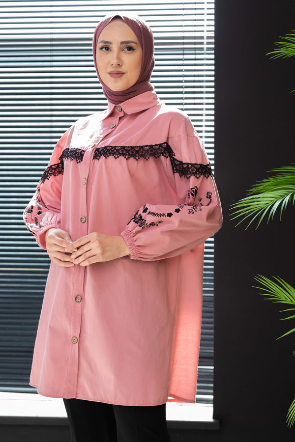 Düz Orta Kadın Pembe Dantellı Tunık GUL - 3814 - 3814