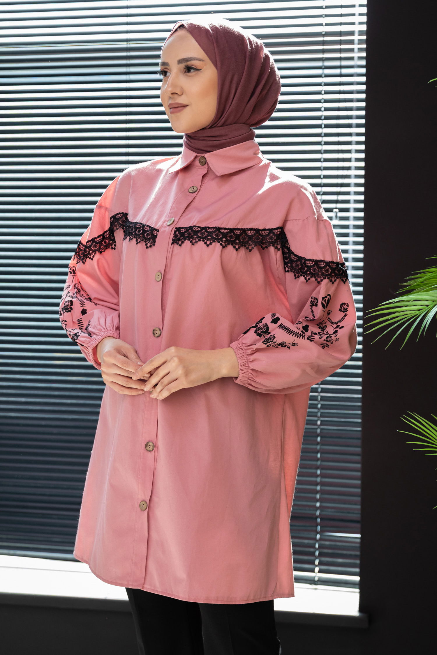 Düz Orta Kadın Pembe Dantellı Tunık GUL - 3814 - 3814