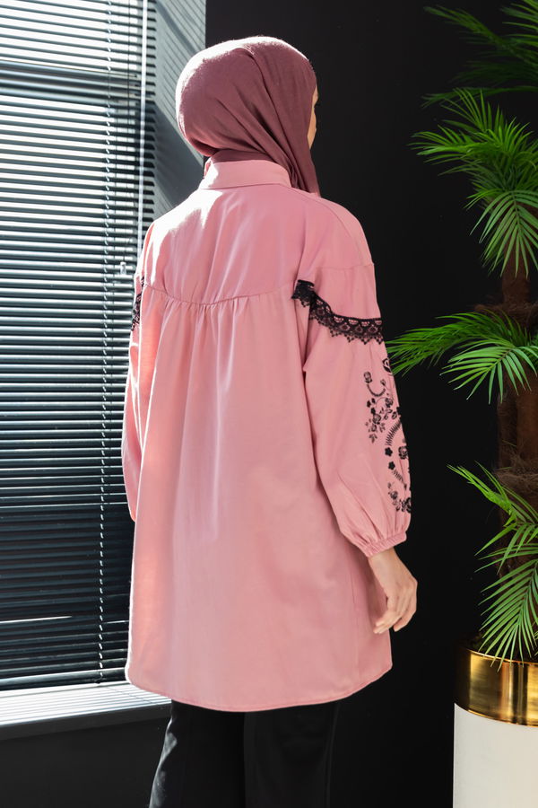 Düz Orta Kadın Pembe Dantellı Tunık GUL - 3814 - 3814