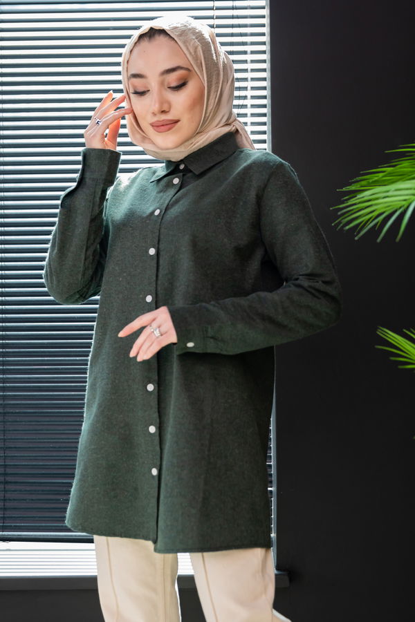 Düz Gömlek Yaka Kadın Haki Gomlek - 3873 HAKİ