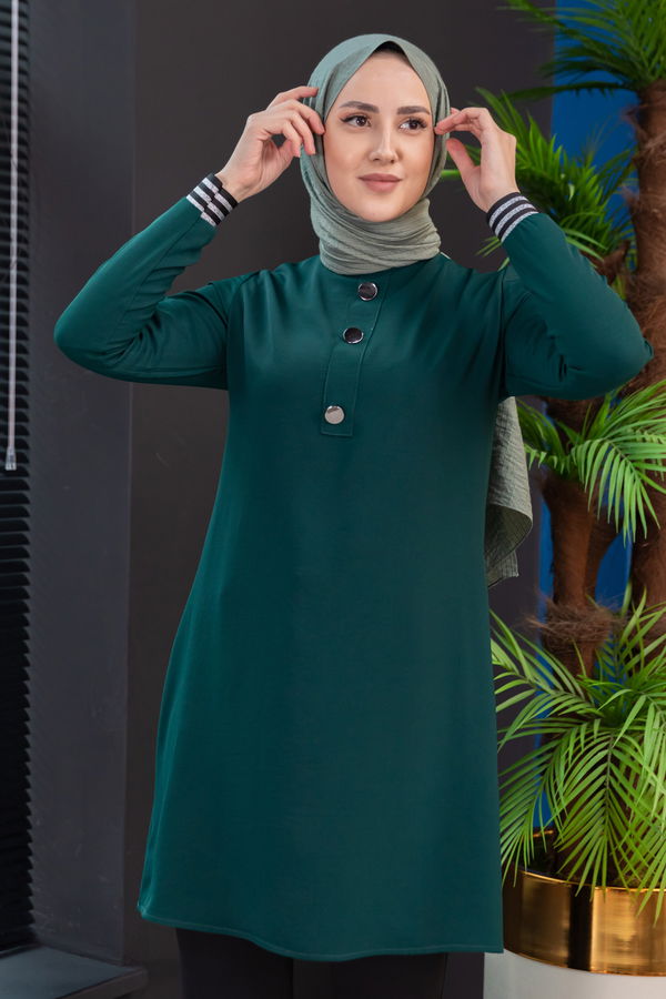 Düz Bisiklet Yaka Kadın Yeşil Tunik - 3972 YEŞİL