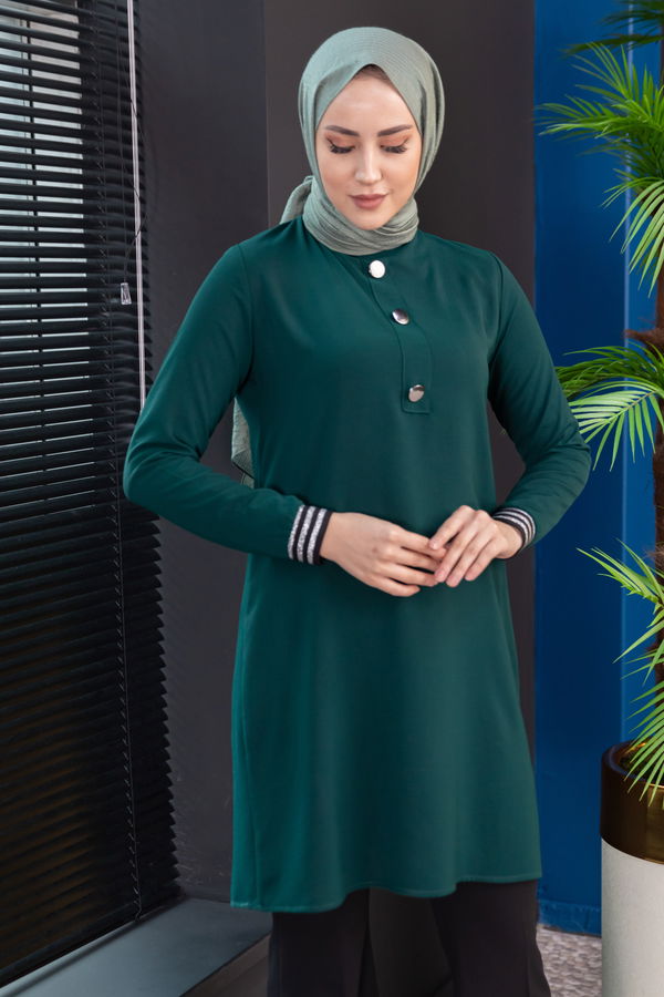 Düz Bisiklet Yaka Kadın Yeşil Tunik - 3972 YEŞİL