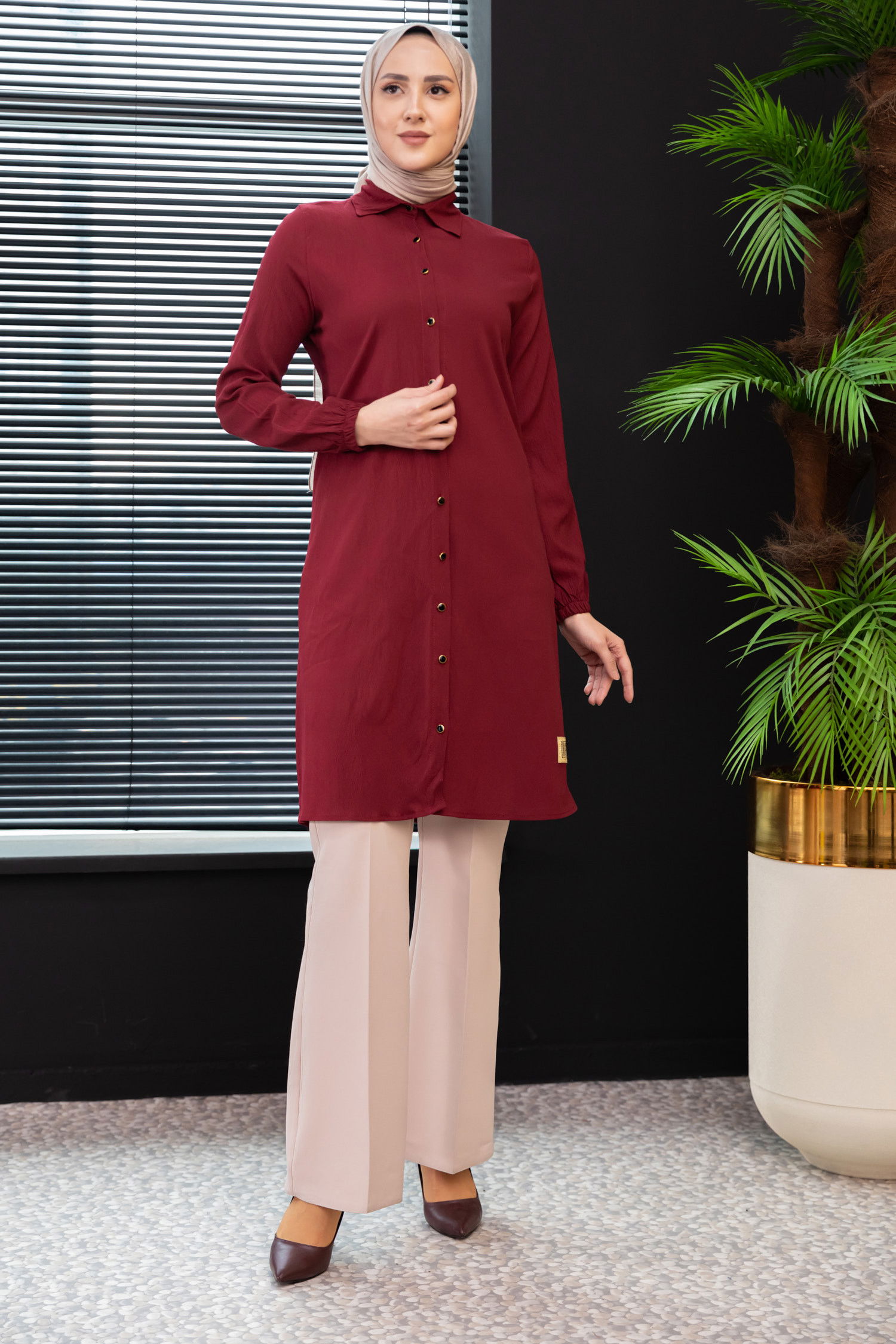Düz Gömlek Yaka Kadın Bordo Tunik - 3980 BORDO
