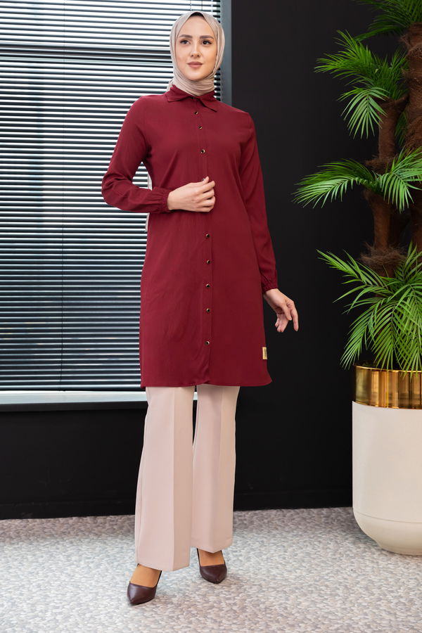 Düz Gömlek Yaka Kadın Bordo Tunik - 3980 BORDO