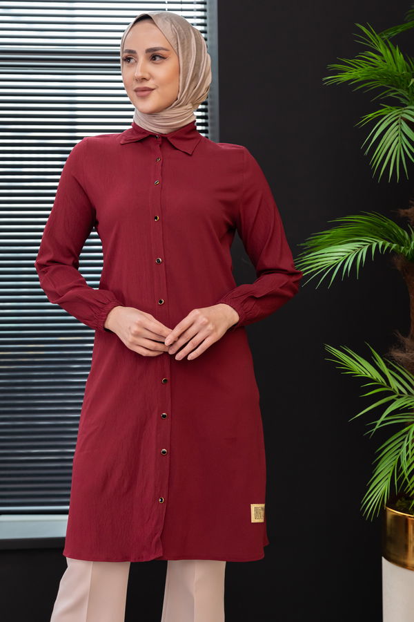 Düz Gömlek Yaka Kadın Bordo Tunik - 3980 BORDO