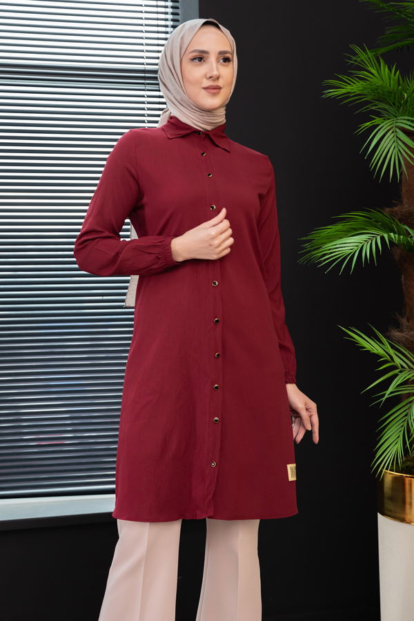 Düz Gömlek Yaka Kadın Bordo Tunik - 3980 BORDO