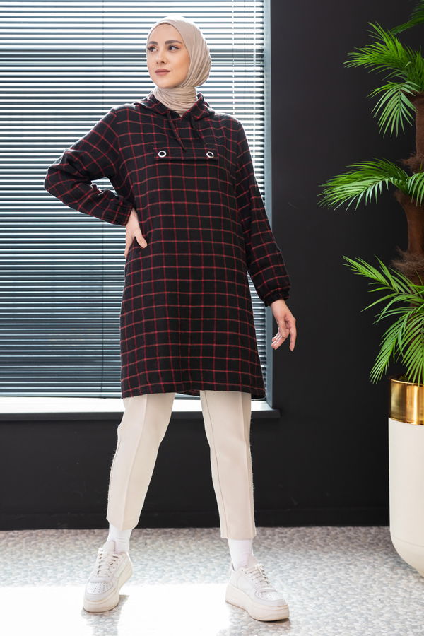 Düz Kapsonlu Yaka Kadın Bordo Tunik - 10003 BORDO