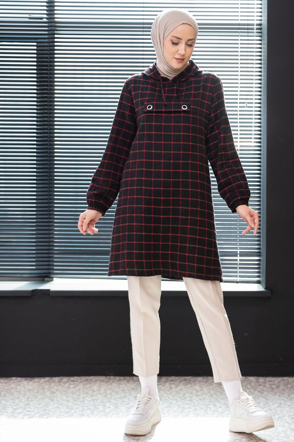 Düz Kapsonlu Yaka Kadın Bordo Tunik - 10003 BORDO
