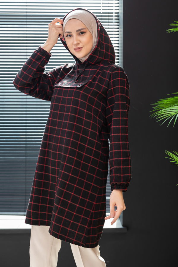 Düz Kapsonlu Yaka Kadın Bordo Tunik - 10003 BORDO