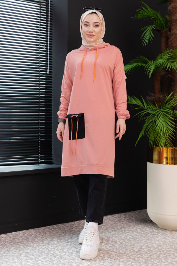 Düz Kapsonlu Yaka Kadın Pembe Ceplı Tunık - 3835 PEMBE