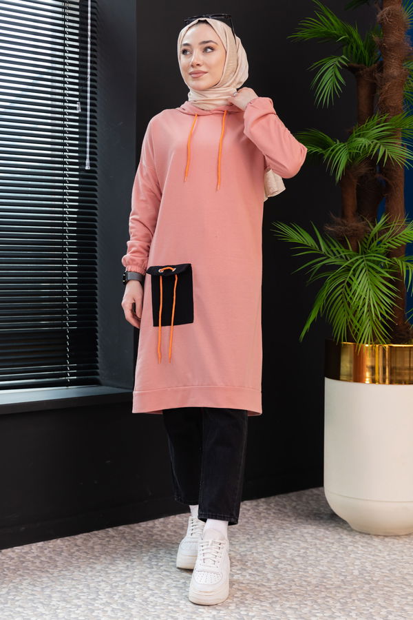 Düz Kapsonlu Yaka Kadın Pembe Ceplı Tunık - 3835 PEMBE
