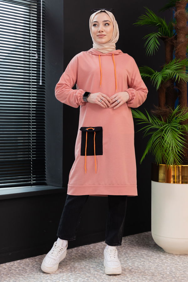 Düz Kapsonlu Yaka Kadın Pembe Ceplı Tunık - 3835 PEMBE