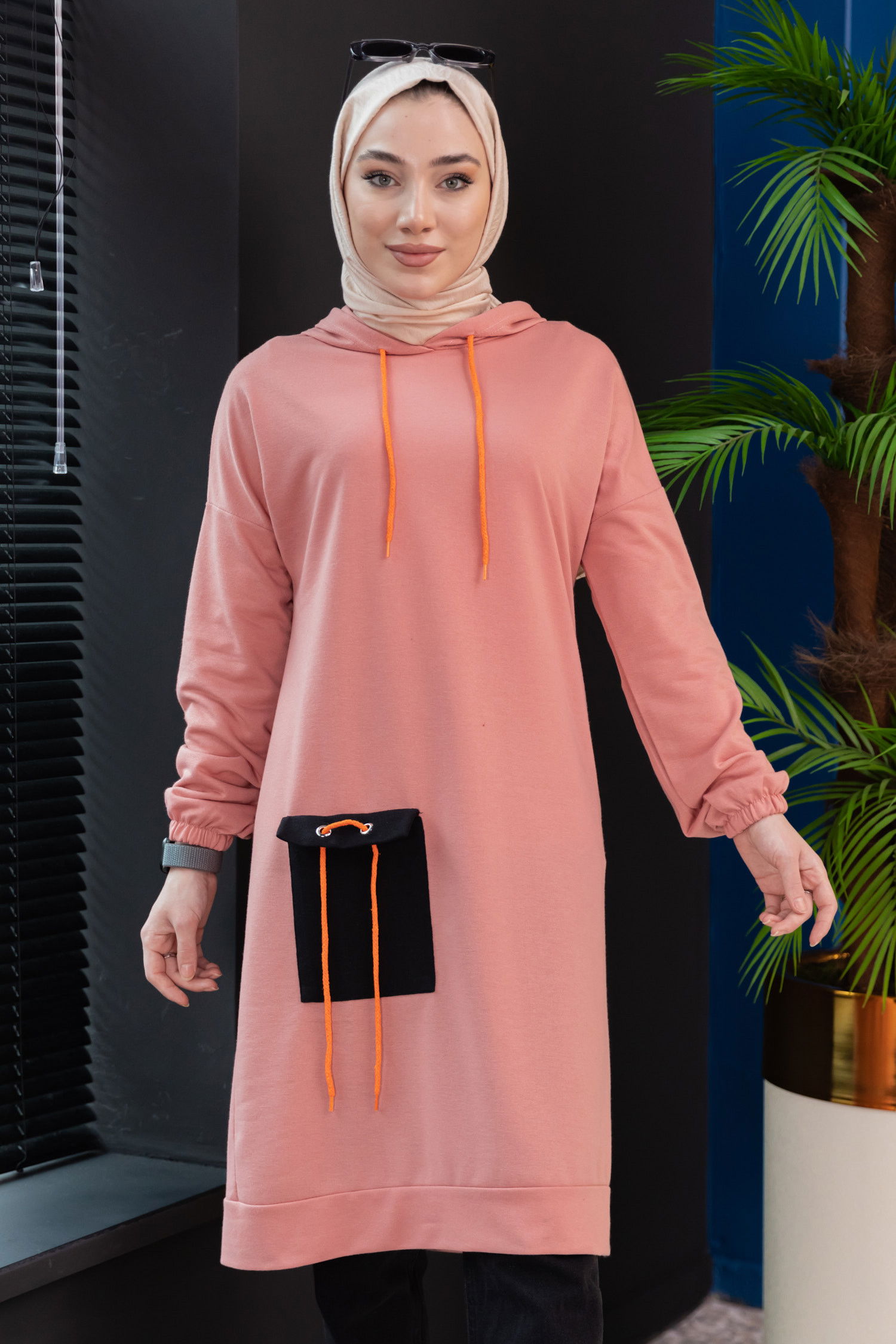 Düz Kapsonlu Yaka Kadın Pembe Ceplı Tunık - 3835 PEMBE