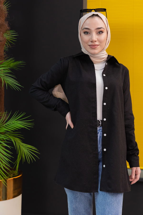 Düz Gömlek Yaka Kadın Siyah Gomlek - 3873