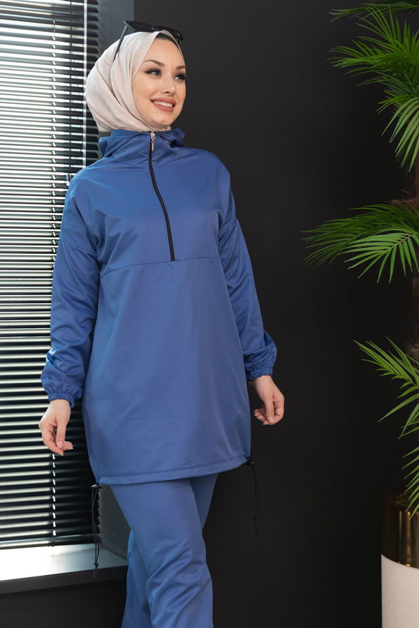 Düz Kapsonlu Yaka Kadın Mavi Tunik Pantolon - 3963 MAVİ