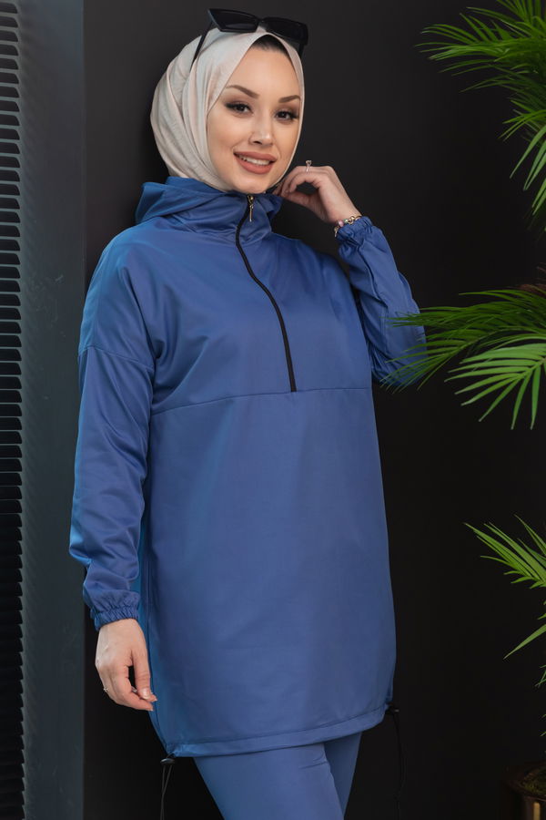Düz Kapsonlu Yaka Kadın Mavi Tunik Pantolon - 3963 MAVİ