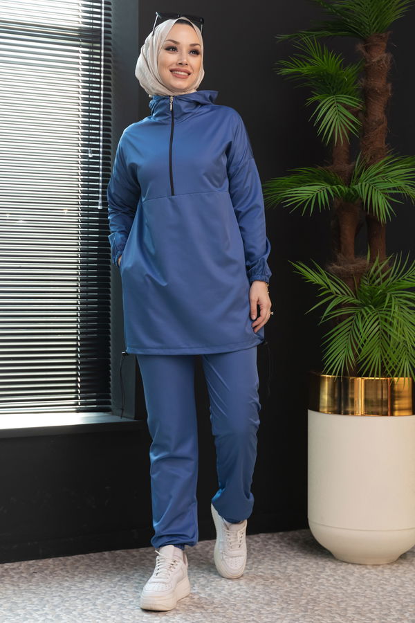 Düz Kapsonlu Yaka Kadın Mavi Tunik Pantolon - 3963 MAVİ