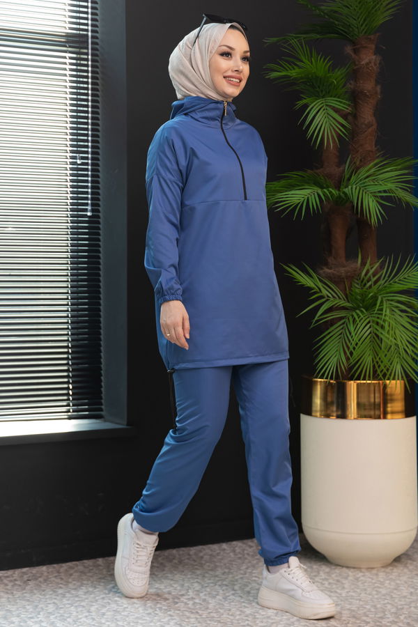 Düz Kapsonlu Yaka Kadın Mavi Tunik Pantolon - 3963 MAVİ