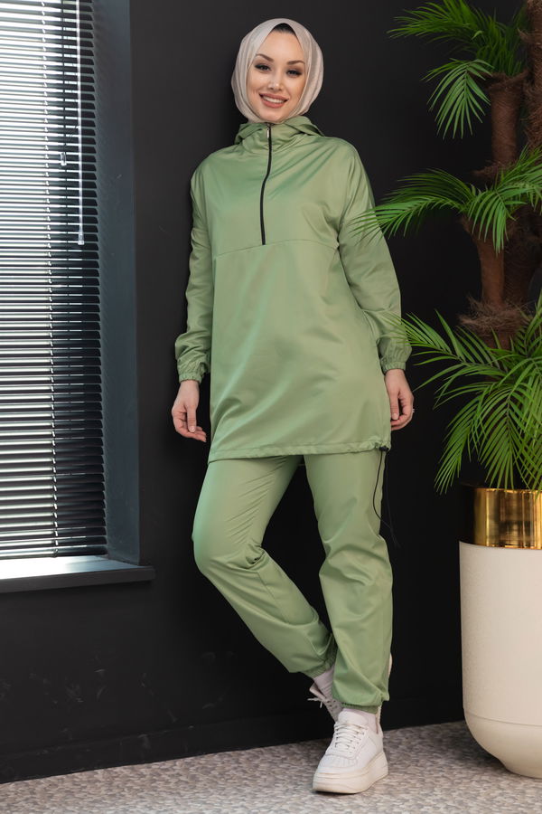 Düz Kapsonlu Yaka Kadın Yeşil Tunik Pantolon - 3963 YEŞİL
