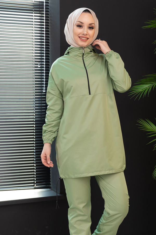 Düz Kapsonlu Yaka Kadın Yeşil Tunik Pantolon - 3963 YEŞİL