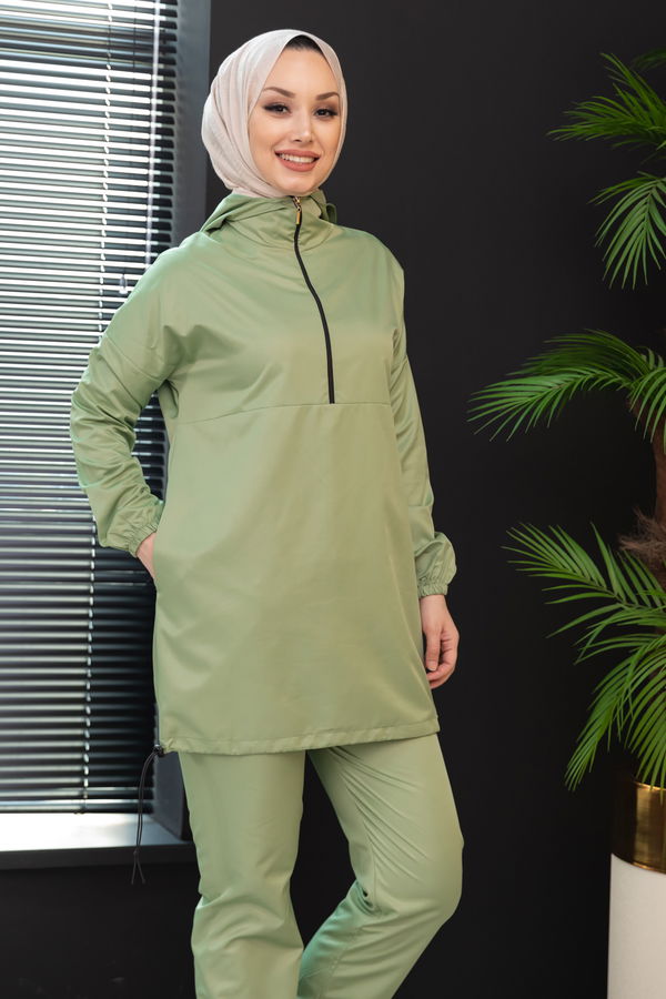 Düz Kapsonlu Yaka Kadın Yeşil Tunik Pantolon - 3963 YEŞİL