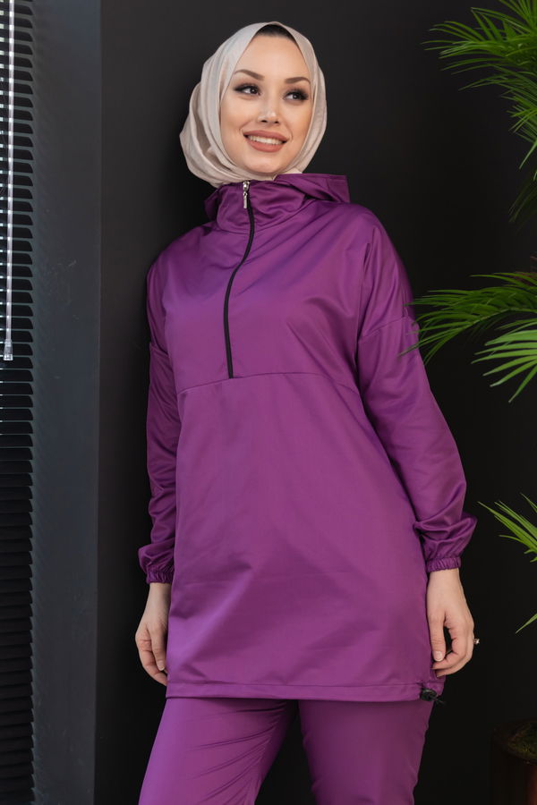 Düz Kapsonlu Yaka Kadın Mor Tunik Pantolon - 3963
