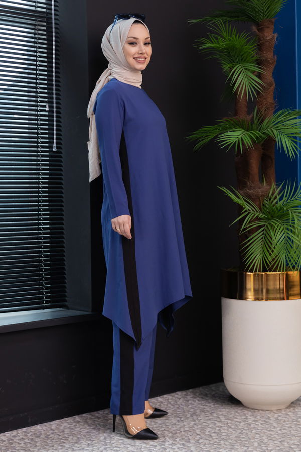 Düz Bisiklet Yaka Kadın Mavi Tunik Pantolon - 3988