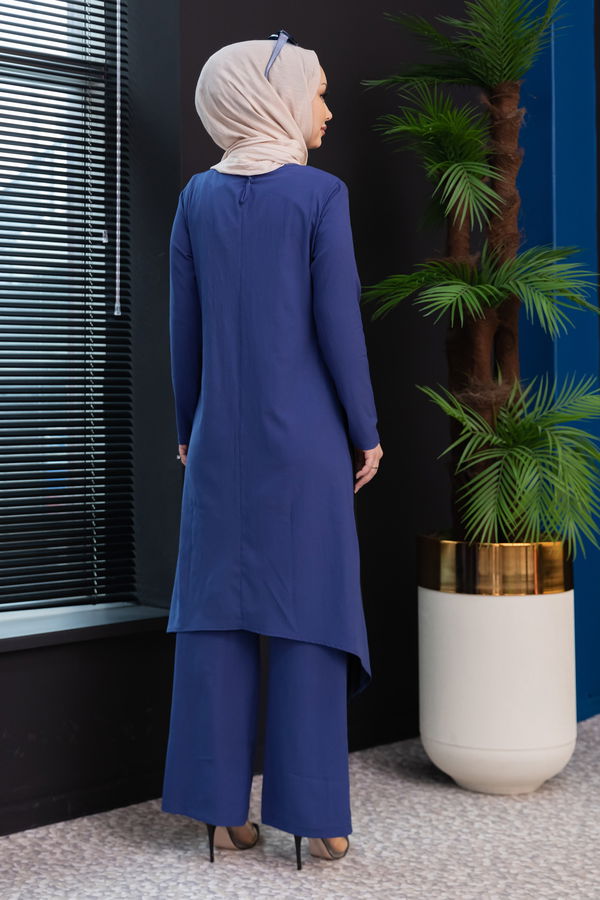Düz Bisiklet Yaka Kadın Mavi Tunik Pantolon - 3988