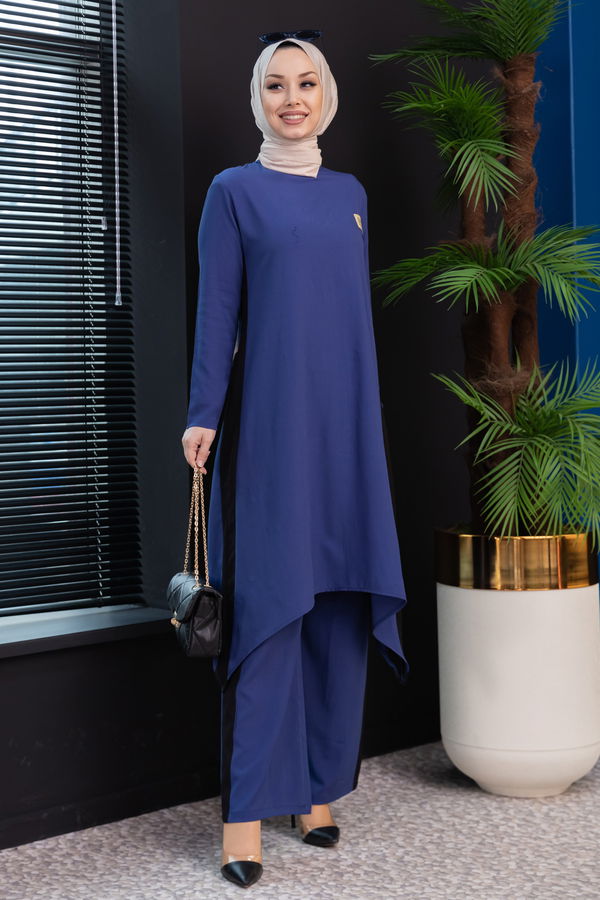 Düz Bisiklet Yaka Kadın Mavi Tunik Pantolon - 3988
