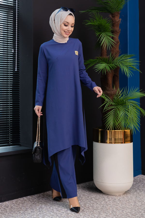 Düz Bisiklet Yaka Kadın Mavi Tunik Pantolon - 3988