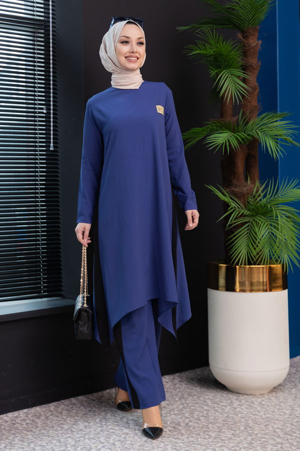 Düz Bisiklet Yaka Kadın Mavi Tunik Pantolon - 3988