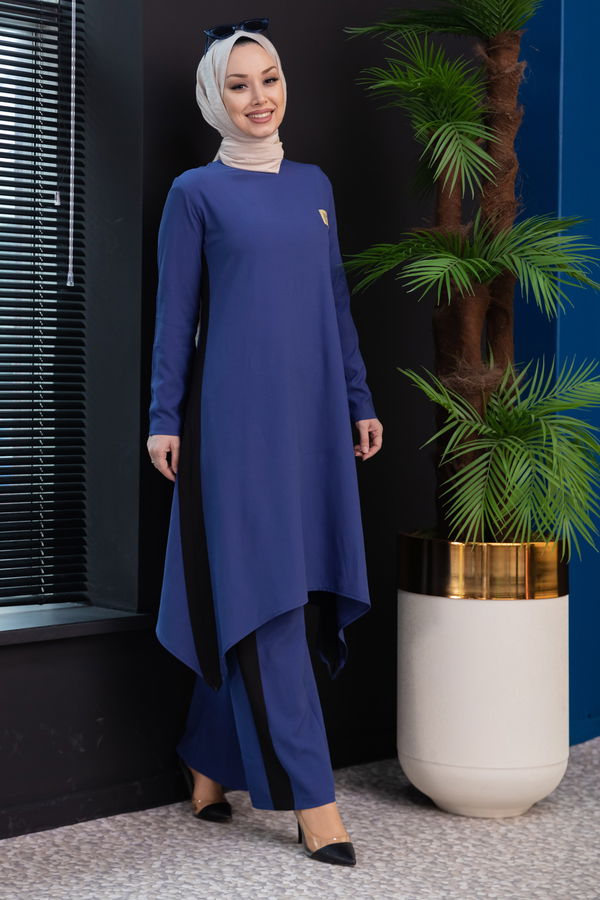 Düz Bisiklet Yaka Kadın Mavi Tunik Pantolon - 3988