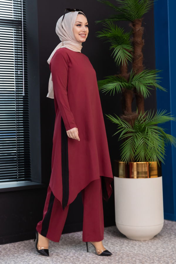 Düz Bisiklet Yaka Kadın Bordo Tunik Pantolon - 3988