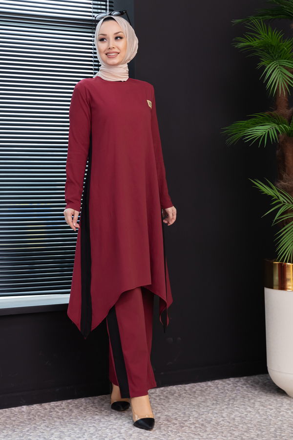 Düz Bisiklet Yaka Kadın Bordo Tunik Pantolon - 3988