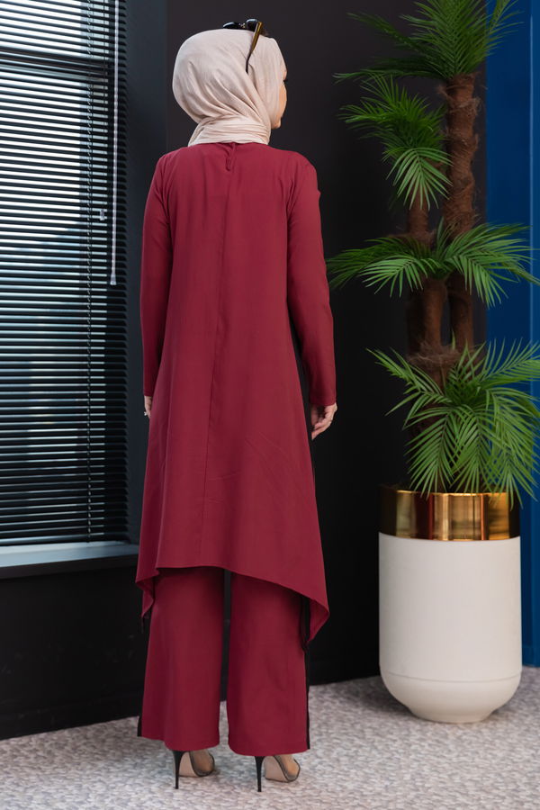 Düz Bisiklet Yaka Kadın Bordo Tunik Pantolon - 3988
