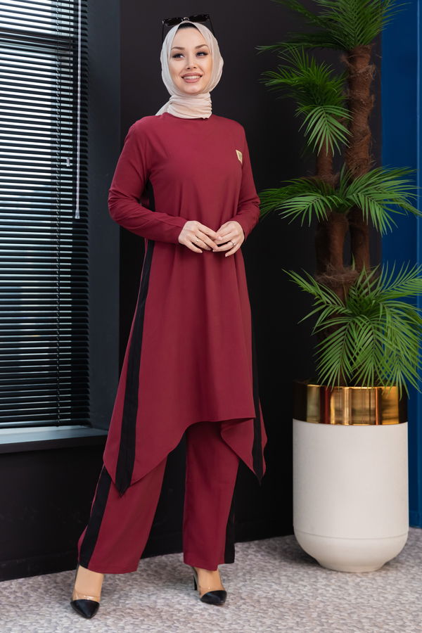 Düz Bisiklet Yaka Kadın Bordo Tunik Pantolon - 3988