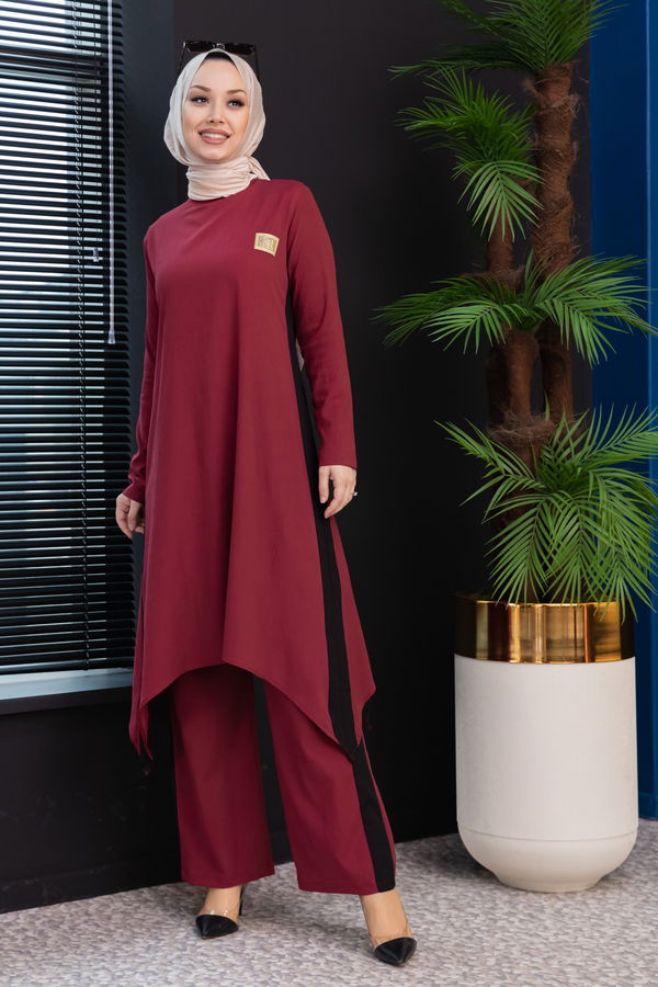 Düz Bisiklet Yaka Kadın Bordo Tunik Pantolon - 3988
