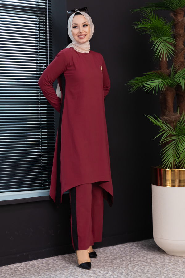 Düz Bisiklet Yaka Kadın Bordo Tunik Pantolon - 3988